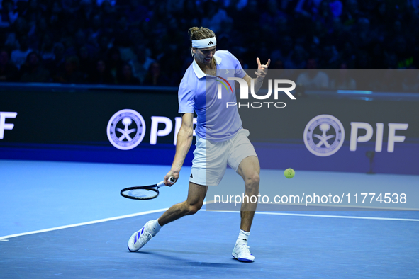 Alexander Zverev competes during the Nitto ATP Finals 2024 Group B match between Casper Ruud and Alexander Zverev at Inalpi Arena in Turin,...