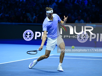 Alexander Zverev competes during the Nitto ATP Finals 2024 Group B match between Casper Ruud and Alexander Zverev at Inalpi Arena in Turin,...