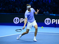 Alexander Zverev competes during the Nitto ATP Finals 2024 Group B match between Casper Ruud and Alexander Zverev at Inalpi Arena in Turin,...