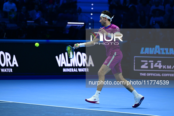 Casper Ruud competes during the Nitto ATP Finals 2024 Group B match against Alexander Zverev at Inalpi Arena in Turin, Italy, on November 13...