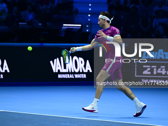 Casper Ruud competes during the Nitto ATP Finals 2024 Group B match against Alexander Zverev at Inalpi Arena in Turin, Italy, on November 13...