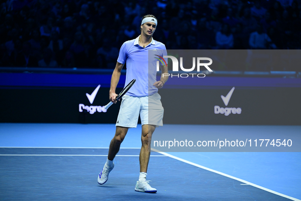 Alexander Zverev competes during the Nitto ATP Finals 2024 Group B match between Casper Ruud and Alexander Zverev at Inalpi Arena in Turin,...