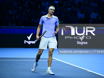 Alexander Zverev competes during the Nitto ATP Finals 2024 Group B match between Casper Ruud and Alexander Zverev at Inalpi Arena in Turin,...