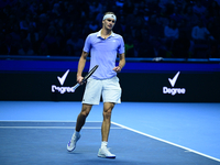 Alexander Zverev competes during the Nitto ATP Finals 2024 Group B match between Casper Ruud and Alexander Zverev at Inalpi Arena in Turin,...