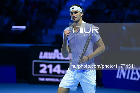 Alexander Zverev celebrates after winning during the Nitto ATP Finals 2024 Group B match between Casper Ruud and Alexander Zverev at Inalpi...