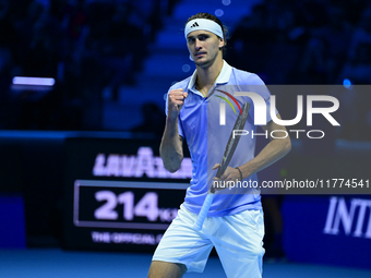 Alexander Zverev celebrates after winning during the Nitto ATP Finals 2024 Group B match between Casper Ruud and Alexander Zverev at Inalpi...