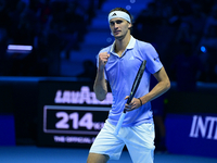 Alexander Zverev celebrates after winning during the Nitto ATP Finals 2024 Group B match between Casper Ruud and Alexander Zverev at Inalpi...