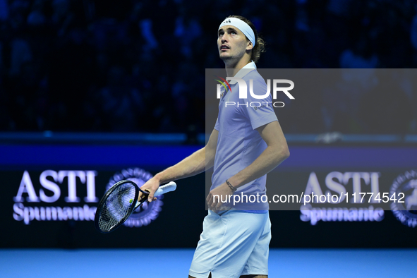 Alexander Zverev celebrates after winning during the Nitto ATP Finals 2024 Group B match between Casper Ruud and Alexander Zverev at Inalpi...