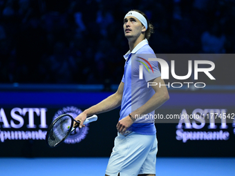 Alexander Zverev celebrates after winning during the Nitto ATP Finals 2024 Group B match between Casper Ruud and Alexander Zverev at Inalpi...