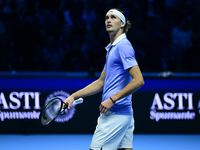 Alexander Zverev celebrates after winning during the Nitto ATP Finals 2024 Group B match between Casper Ruud and Alexander Zverev at Inalpi...