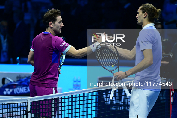 Alexander Zverev celebrates after winning during the Nitto ATP Finals 2024 Group B match between Casper Ruud and Alexander Zverev at Inalpi...