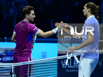 Alexander Zverev celebrates after winning during the Nitto ATP Finals 2024 Group B match between Casper Ruud and Alexander Zverev at Inalpi...