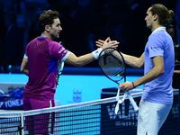 Alexander Zverev celebrates after winning during the Nitto ATP Finals 2024 Group B match between Casper Ruud and Alexander Zverev at Inalpi...