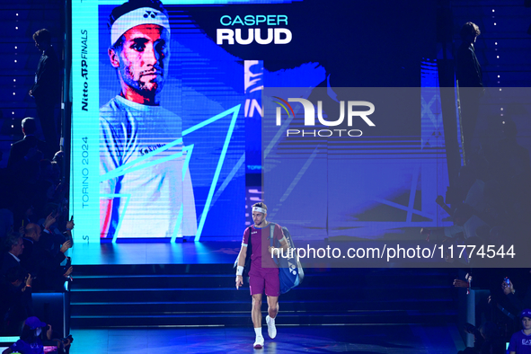 Casper Ruud plays during the Nitto ATP Finals 2024 Group B match between Casper Ruud and Alexander Zverev at Inalpi Arena in Turin, Italy, o...