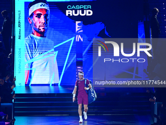 Casper Ruud plays during the Nitto ATP Finals 2024 Group B match between Casper Ruud and Alexander Zverev at Inalpi Arena in Turin, Italy, o...