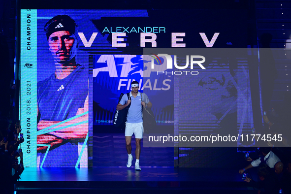 Alexander Zverev competes during the Nitto ATP Finals 2024 Group B match between Casper Ruud and Alexander Zverev at Inalpi Arena in Turin,...