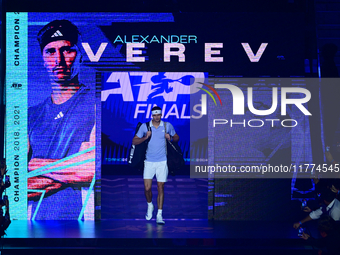 Alexander Zverev competes during the Nitto ATP Finals 2024 Group B match between Casper Ruud and Alexander Zverev at Inalpi Arena in Turin,...