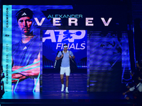 Alexander Zverev competes during the Nitto ATP Finals 2024 Group B match between Casper Ruud and Alexander Zverev at Inalpi Arena in Turin,...