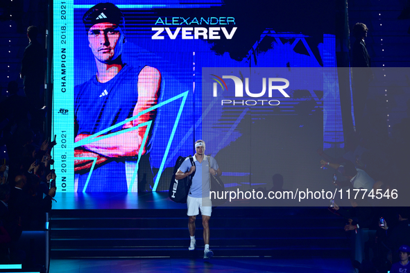 Alexander Zverev competes during the Nitto ATP Finals 2024 Group B match between Casper Ruud and Alexander Zverev at Inalpi Arena in Turin,...