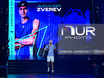 Alexander Zverev competes during the Nitto ATP Finals 2024 Group B match between Casper Ruud and Alexander Zverev at Inalpi Arena in Turin,...