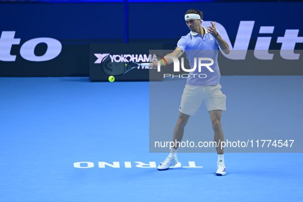 Alexander Zverev competes during the Nitto ATP Finals 2024 Group B match between Casper Ruud and Alexander Zverev at Inalpi Arena in Turin,...