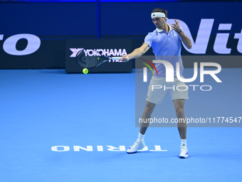 Alexander Zverev competes during the Nitto ATP Finals 2024 Group B match between Casper Ruud and Alexander Zverev at Inalpi Arena in Turin,...