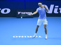 Alexander Zverev competes during the Nitto ATP Finals 2024 Group B match between Casper Ruud and Alexander Zverev at Inalpi Arena in Turin,...