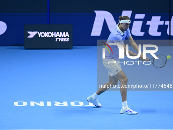 Alexander Zverev competes during the Nitto ATP Finals 2024 Group B match between Casper Ruud and Alexander Zverev at Inalpi Arena in Turin,...