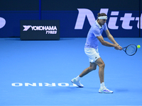 Alexander Zverev competes during the Nitto ATP Finals 2024 Group B match between Casper Ruud and Alexander Zverev at Inalpi Arena in Turin,...