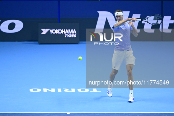 Alexander Zverev competes during the Nitto ATP Finals 2024 Group B match between Casper Ruud and Alexander Zverev at Inalpi Arena in Turin,...