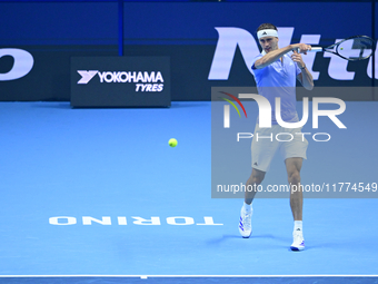 Alexander Zverev competes during the Nitto ATP Finals 2024 Group B match between Casper Ruud and Alexander Zverev at Inalpi Arena in Turin,...