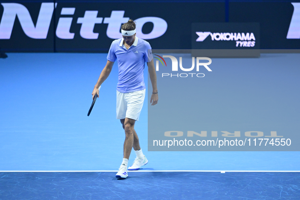 Alexander Zverev competes during the Nitto ATP Finals 2024 Group B match between Casper Ruud and Alexander Zverev at Inalpi Arena in Turin,...