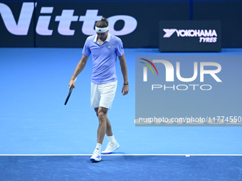 Alexander Zverev competes during the Nitto ATP Finals 2024 Group B match between Casper Ruud and Alexander Zverev at Inalpi Arena in Turin,...