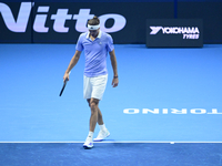 Alexander Zverev competes during the Nitto ATP Finals 2024 Group B match between Casper Ruud and Alexander Zverev at Inalpi Arena in Turin,...