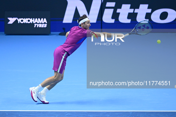 Casper Ruud plays during the Nitto ATP Finals 2024 Group B match between Casper Ruud and Alexander Zverev at Inalpi Arena in Turin, Italy, o...