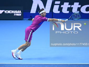 Casper Ruud plays during the Nitto ATP Finals 2024 Group B match between Casper Ruud and Alexander Zverev at Inalpi Arena in Turin, Italy, o...