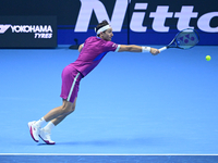 Casper Ruud plays during the Nitto ATP Finals 2024 Group B match between Casper Ruud and Alexander Zverev at Inalpi Arena in Turin, Italy, o...