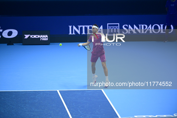 Casper Ruud plays during the Nitto ATP Finals 2024 Group B match between Casper Ruud and Alexander Zverev at Inalpi Arena in Turin, Italy, o...