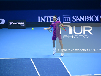 Casper Ruud plays during the Nitto ATP Finals 2024 Group B match between Casper Ruud and Alexander Zverev at Inalpi Arena in Turin, Italy, o...