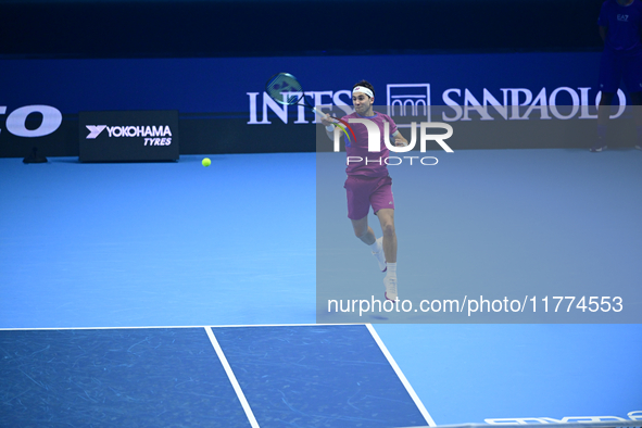 Casper Ruud plays during the Nitto ATP Finals 2024 Group B match between Casper Ruud and Alexander Zverev at Inalpi Arena in Turin, Italy, o...