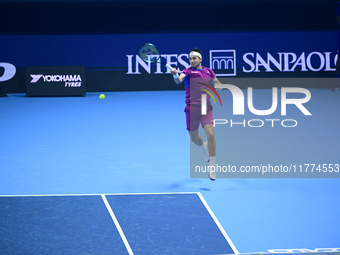 Casper Ruud plays during the Nitto ATP Finals 2024 Group B match between Casper Ruud and Alexander Zverev at Inalpi Arena in Turin, Italy, o...