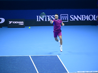 Casper Ruud plays during the Nitto ATP Finals 2024 Group B match between Casper Ruud and Alexander Zverev at Inalpi Arena in Turin, Italy, o...