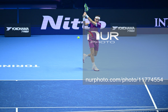 Casper Ruud plays during the Nitto ATP Finals 2024 Group B match between Casper Ruud and Alexander Zverev at Inalpi Arena in Turin, Italy, o...