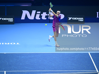 Casper Ruud plays during the Nitto ATP Finals 2024 Group B match between Casper Ruud and Alexander Zverev at Inalpi Arena in Turin, Italy, o...