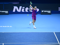 Casper Ruud plays during the Nitto ATP Finals 2024 Group B match between Casper Ruud and Alexander Zverev at Inalpi Arena in Turin, Italy, o...