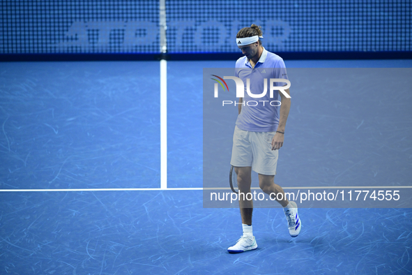 Alexander Zverev competes during the Nitto ATP Finals 2024 Group B match between Casper Ruud and Alexander Zverev at Inalpi Arena in Turin,...