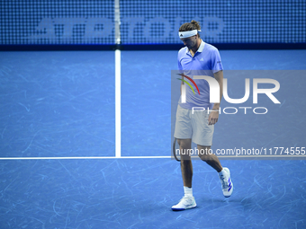 Alexander Zverev competes during the Nitto ATP Finals 2024 Group B match between Casper Ruud and Alexander Zverev at Inalpi Arena in Turin,...