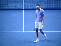 Alexander Zverev competes during the Nitto ATP Finals 2024 Group B match between Casper Ruud and Alexander Zverev at Inalpi Arena in Turin,...