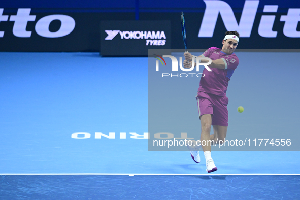 Casper Ruud plays during the Nitto ATP Finals 2024 Group B match between Casper Ruud and Alexander Zverev at Inalpi Arena in Turin, Italy, o...