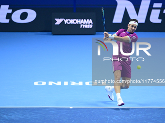 Casper Ruud plays during the Nitto ATP Finals 2024 Group B match between Casper Ruud and Alexander Zverev at Inalpi Arena in Turin, Italy, o...